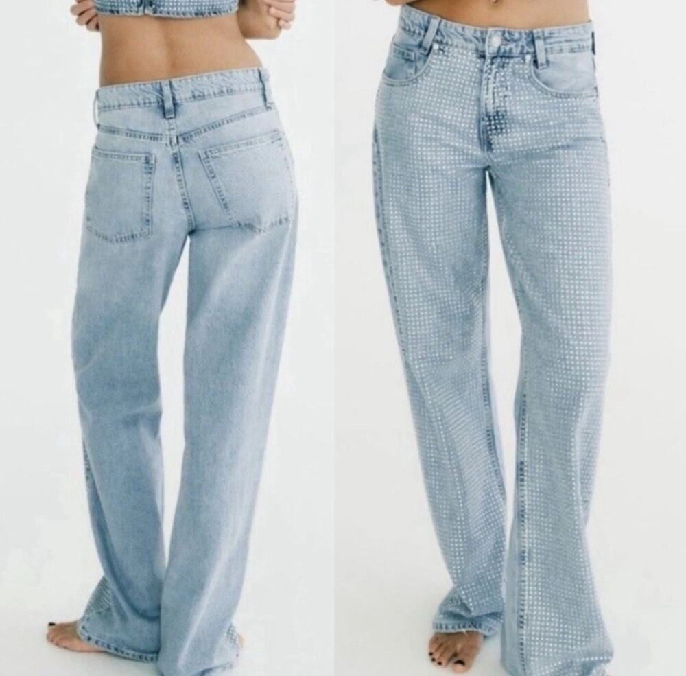 Zara Rhinestone Straight Leg Jeans High-Rise Light Wash Relaxed Size 34 / US 2